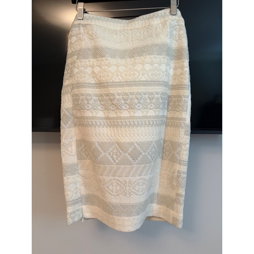 Rebecca Minkoff Ivory Metallic Silver Geometric Jacquard Pencil Skirt Size 4
